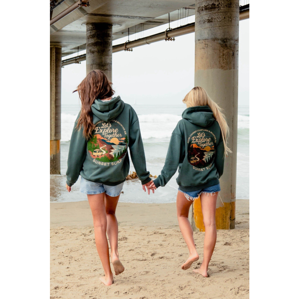 NWT Sunset Surf Coastal Explore Green Hoodie S Embroidered Graphic Fleece Lined - Picture 6 of 15